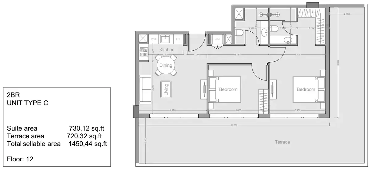 Планировка — 2-спальная, 135 м²