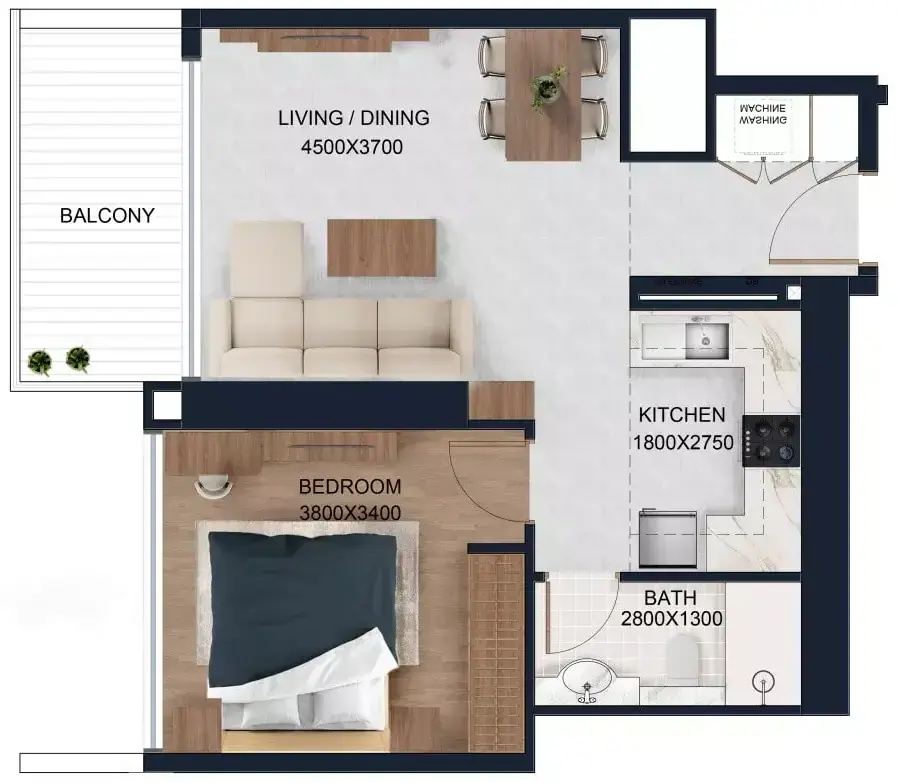 Планировка — 1-спальная, 58 м²