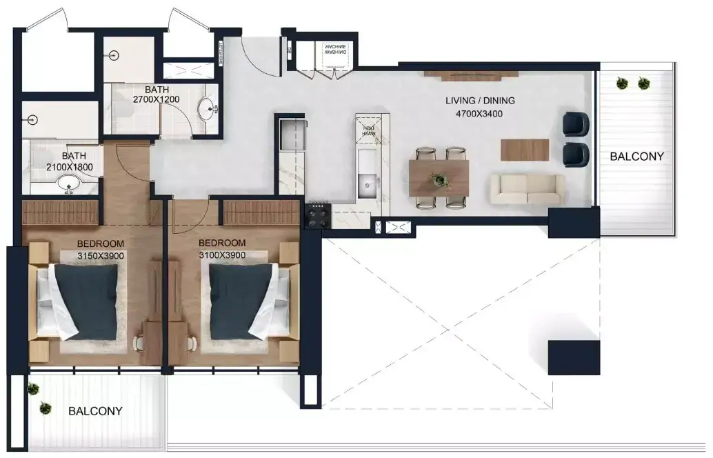 Планировка — 2-спальная, 91 м²