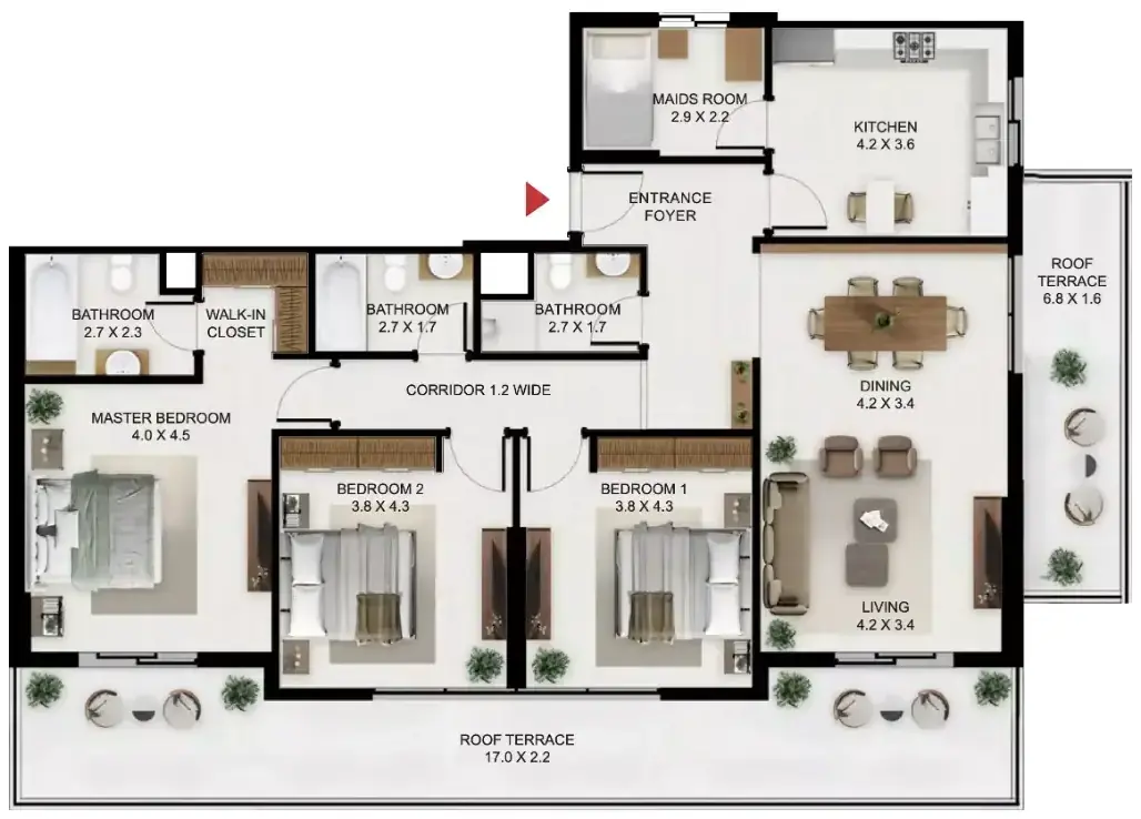Планировка — 3-спальная, 119 м²