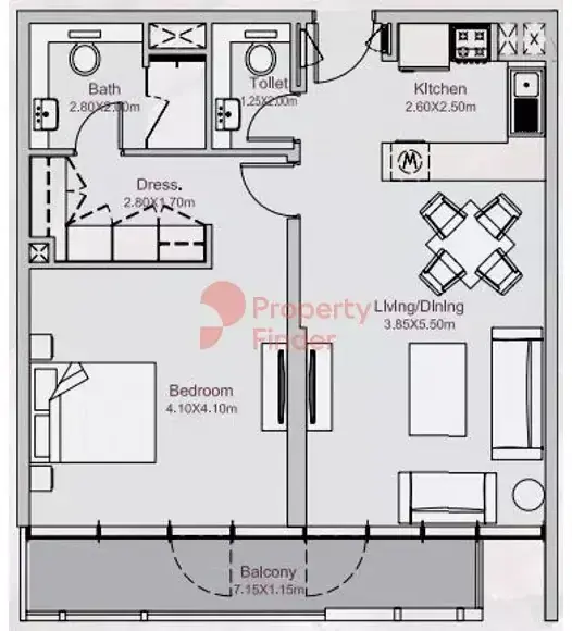 Планировка — 1-спальная, 77 м²
