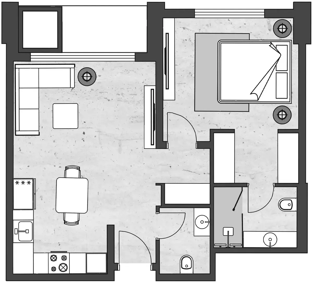 Планировка — 1-спальная, 62 м²