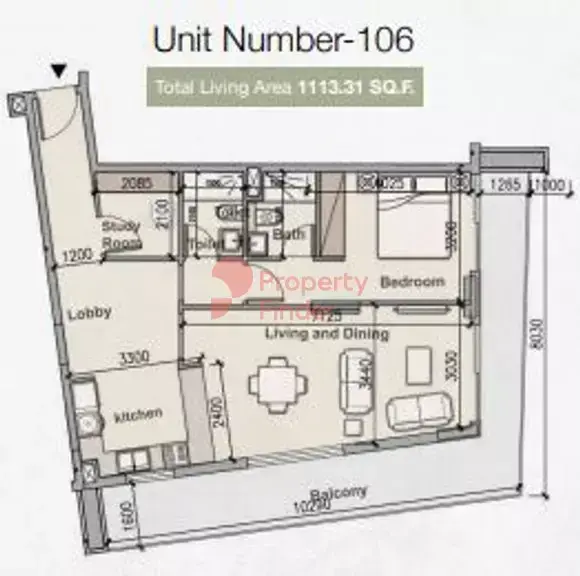 Планировка — 1-спальная, 103 м²