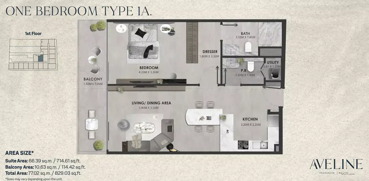 Планировка — 1-спальная, 77 м²