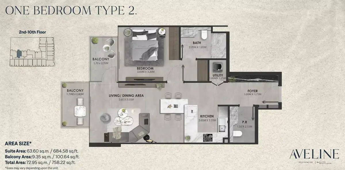 Планировка — 1-спальная, 70 м²