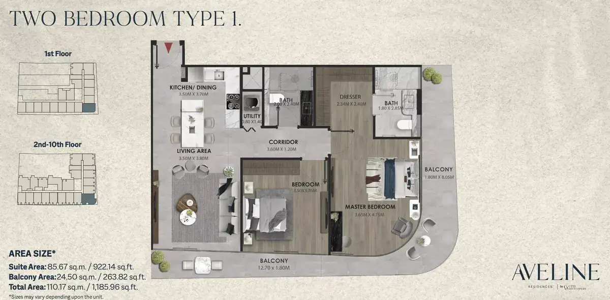 Планировка — 2-спальная, 110 м²