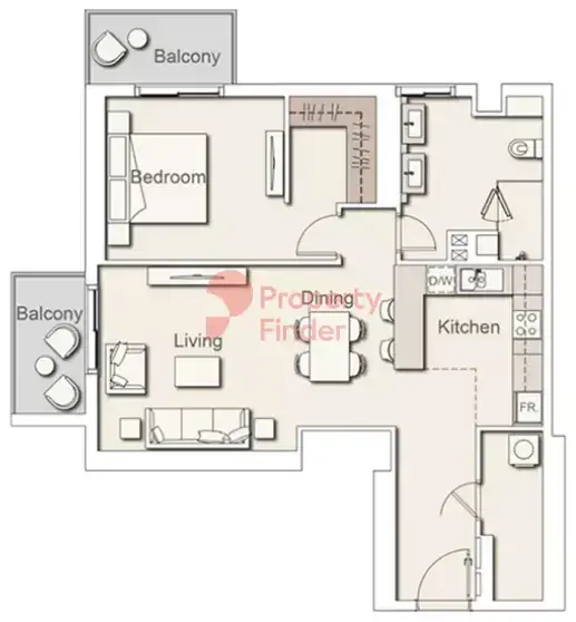 Планировка — 1-спальная, 86 м²