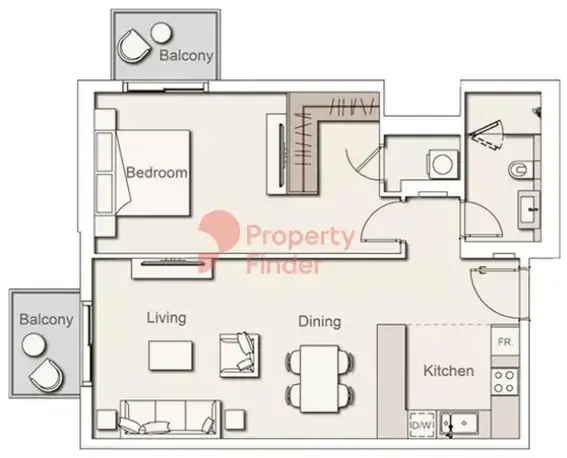 Планировка — 1-спальная, 77 м²