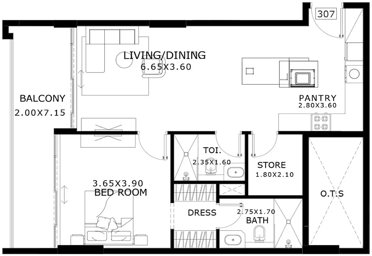 Планировка — 1-спальная, 84 м²