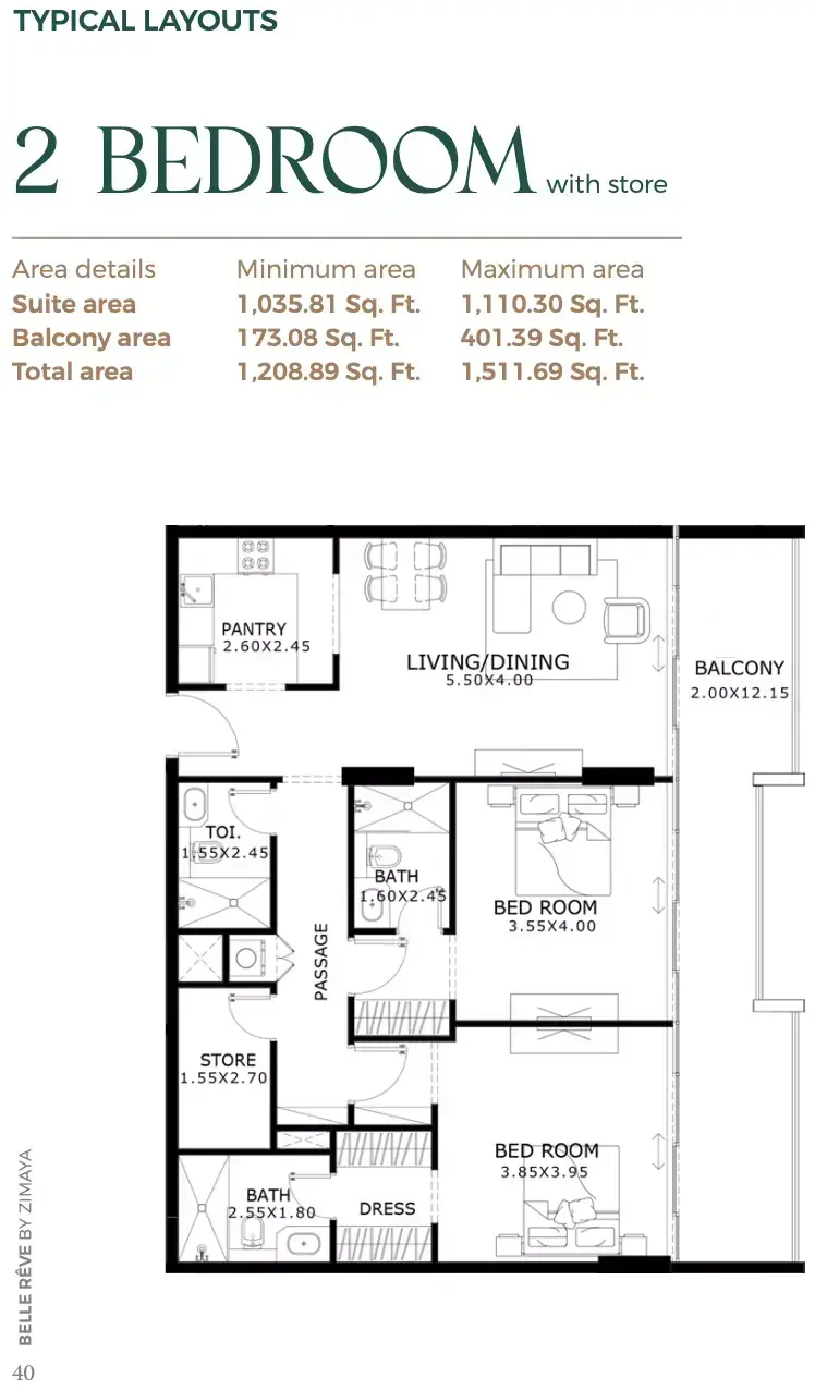 Планировка — 2-спальная, 140 м²