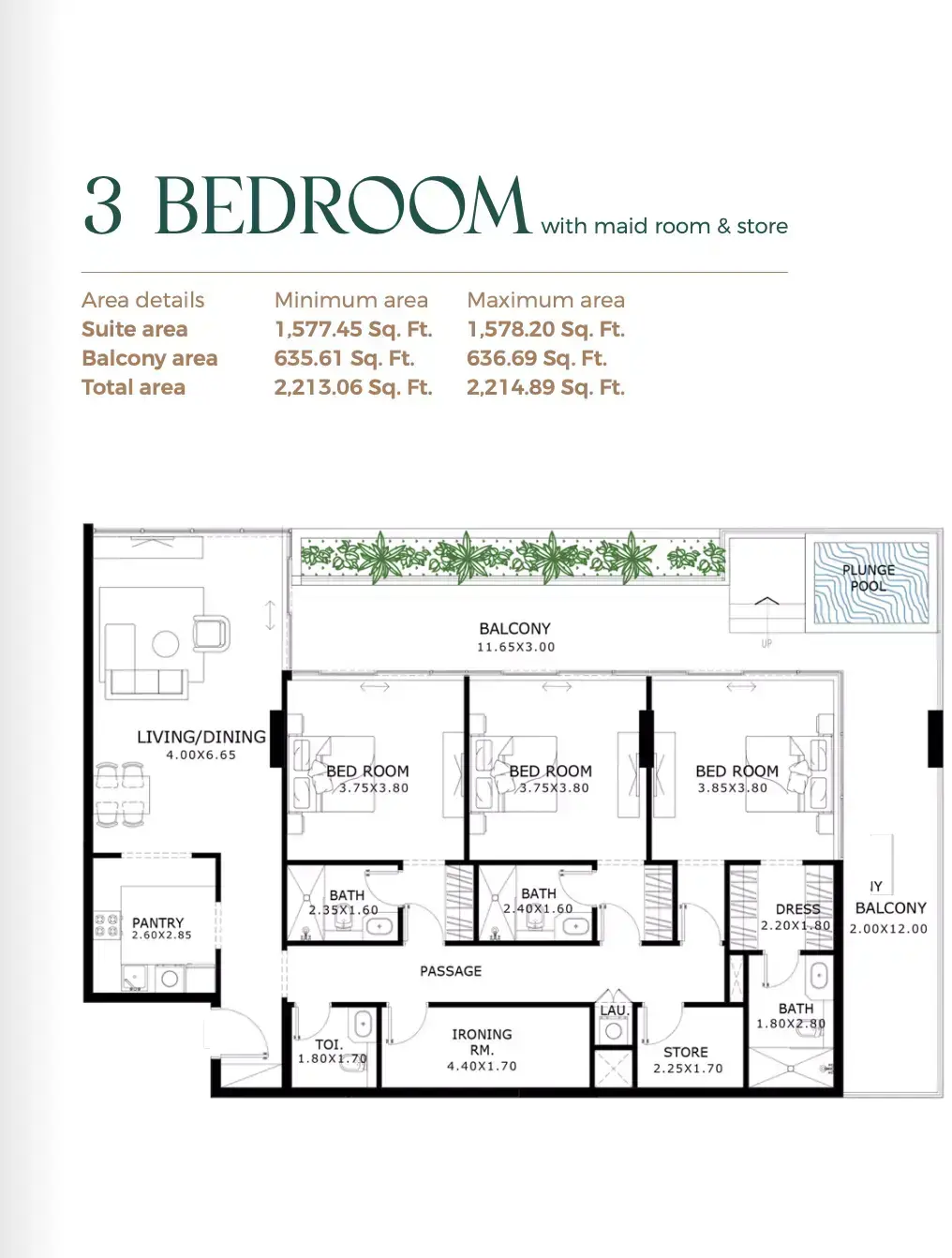 Планировка — 3-спальная, 206 м²