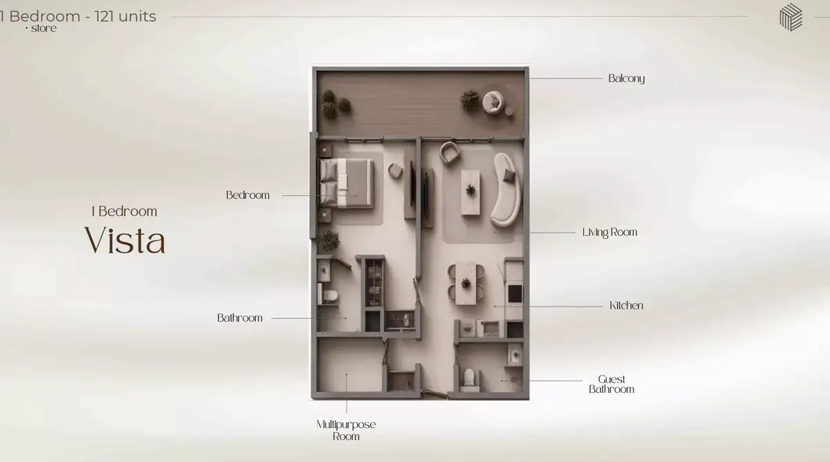 Планировка — 1-спальная, 84 м²
