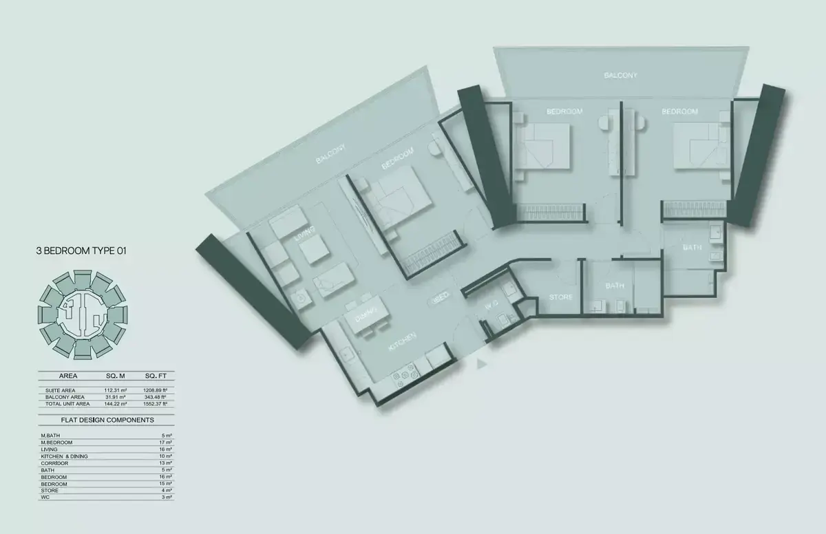 Планировка — 3-спальная, 144 м²