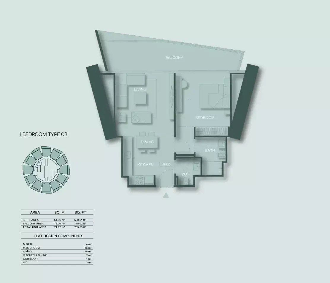 Планировка — 1-спальная, 71 м²