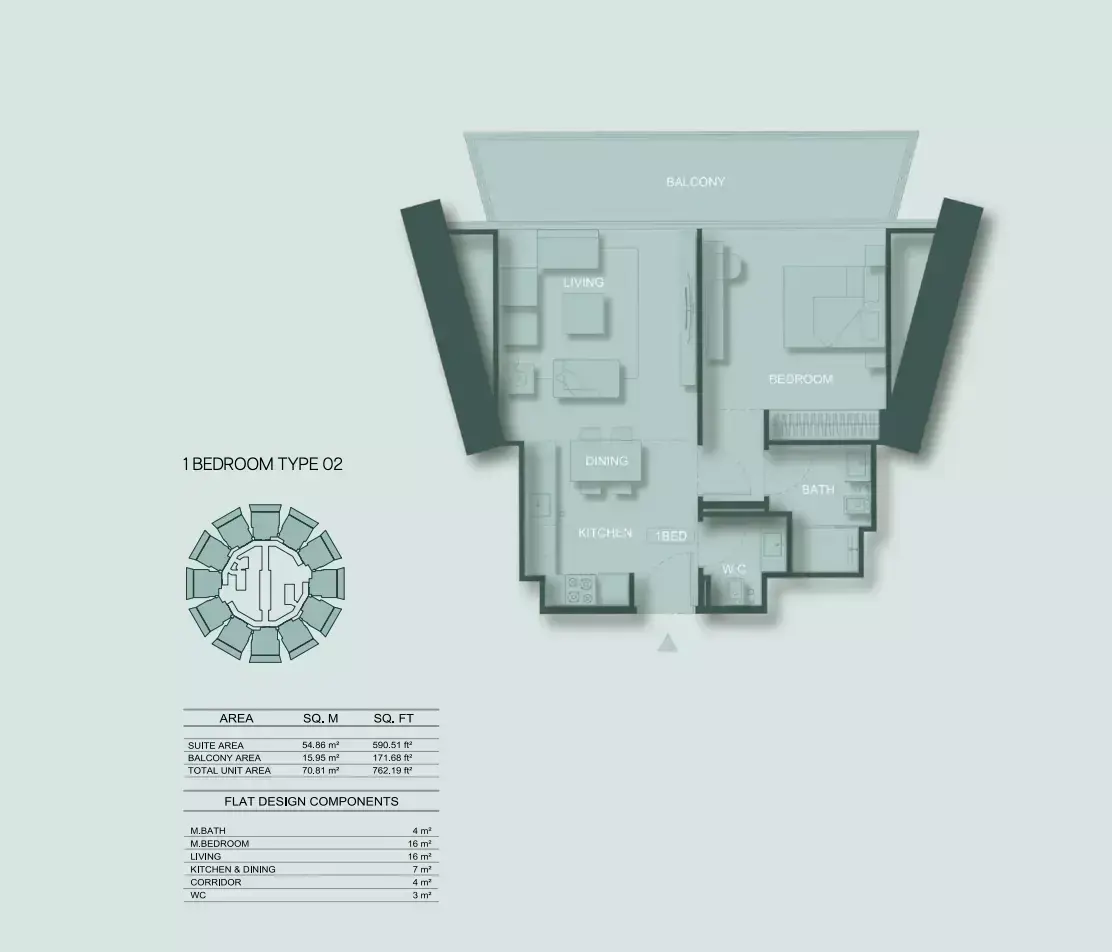 Планировка — 1-спальная, 71 м²