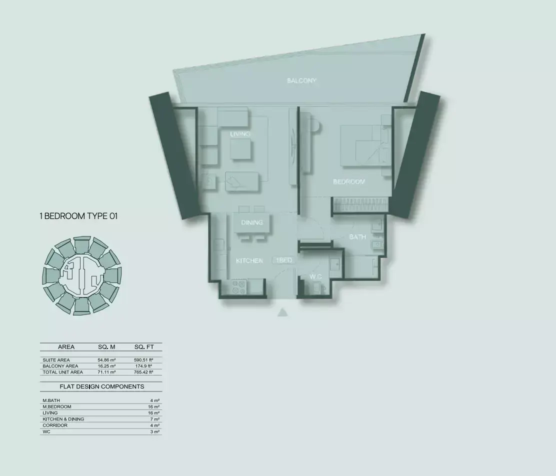 Планировка — 1-спальная, 71 м²
