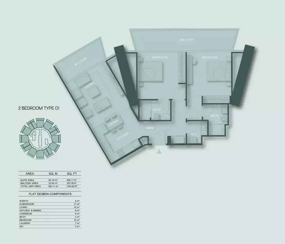 Планировка — 2-спальная, 108 м²