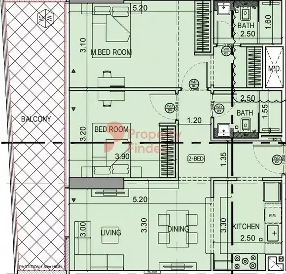 Планировка — 2-спальная, 95 м²