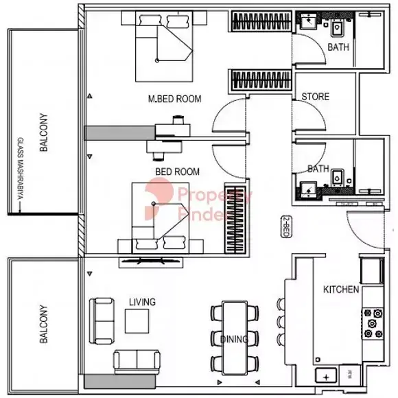 Планировка — 2-спальная, 102 м²