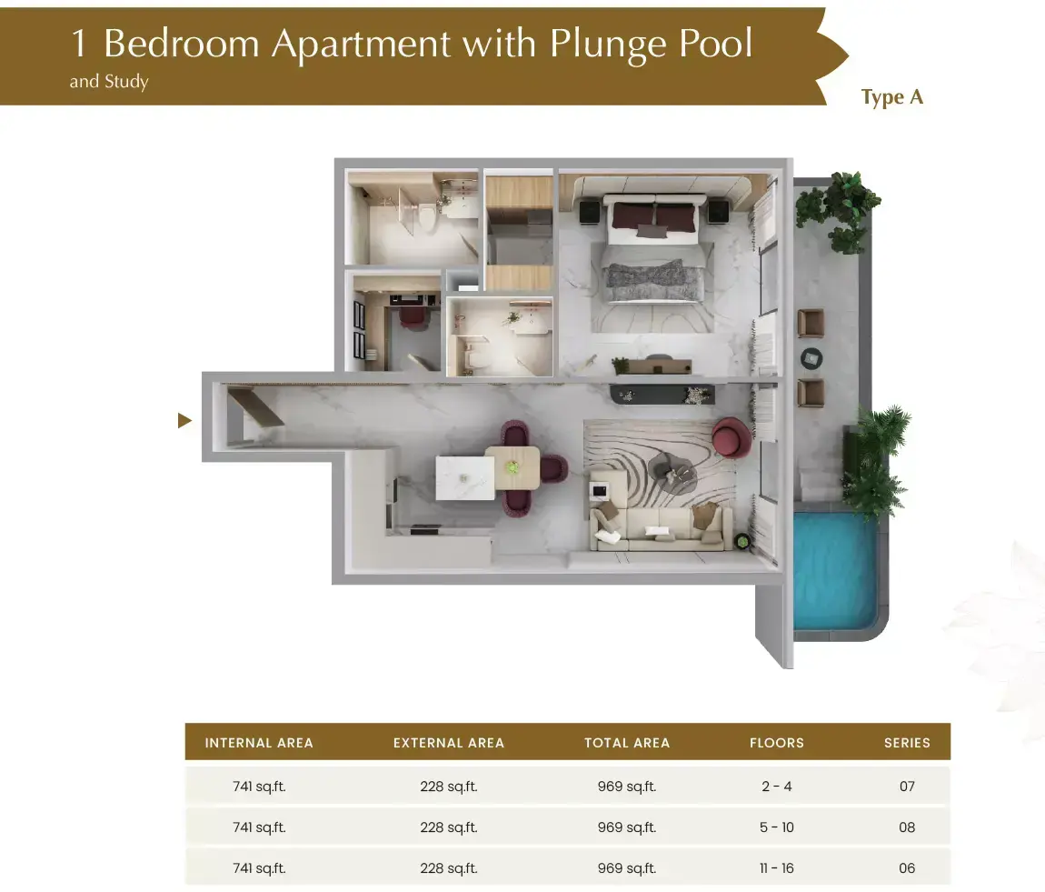 Планировка — 1-спальная, 90 м²