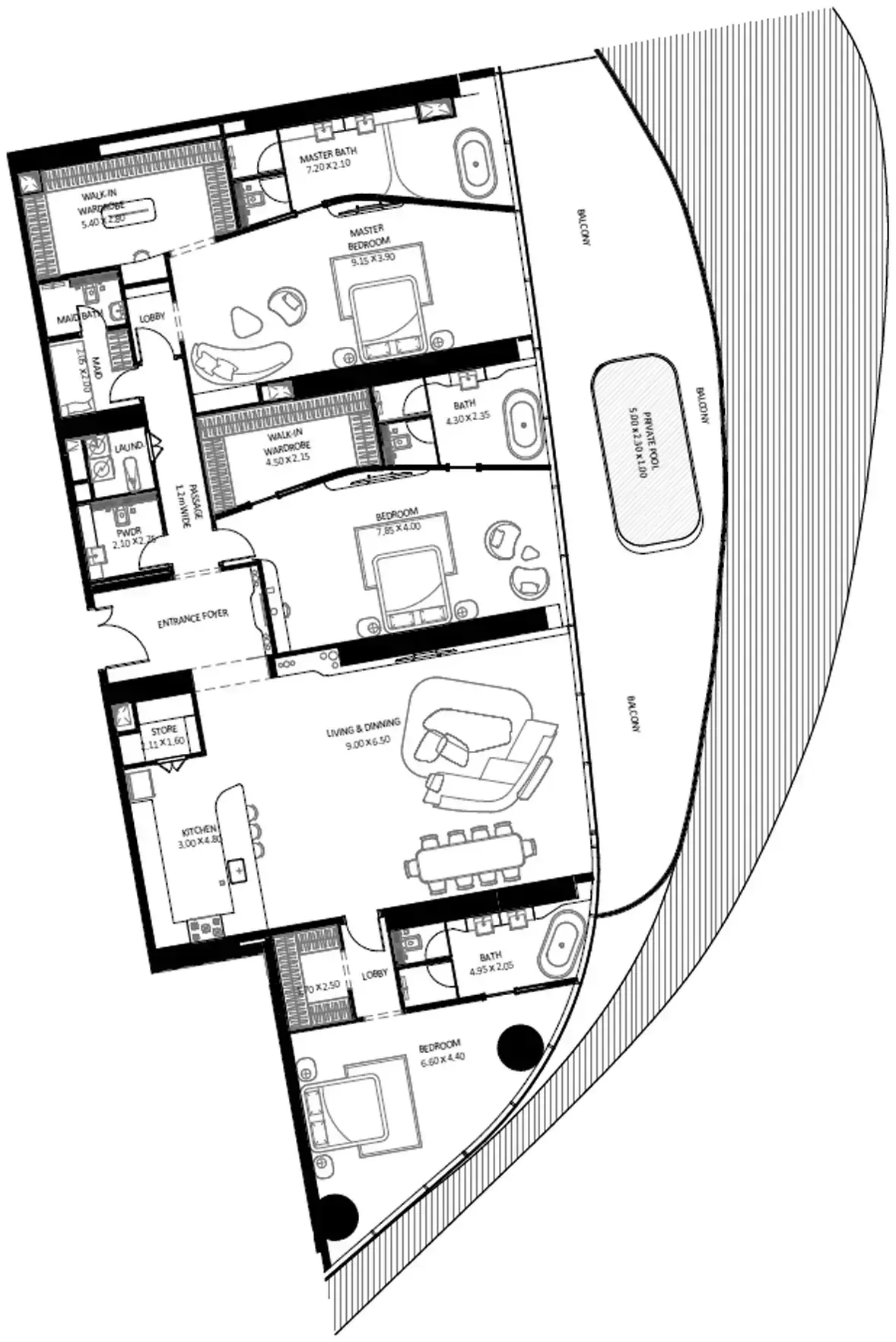 Планировка — 3-спальная, 399 м²
