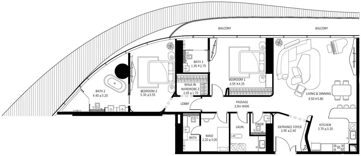 Планировка — 2-спальная, 188 м²