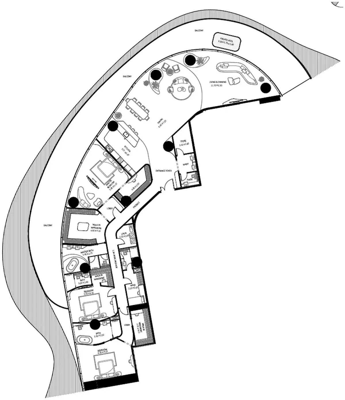 Планировка — 3-спальная, 585 м²