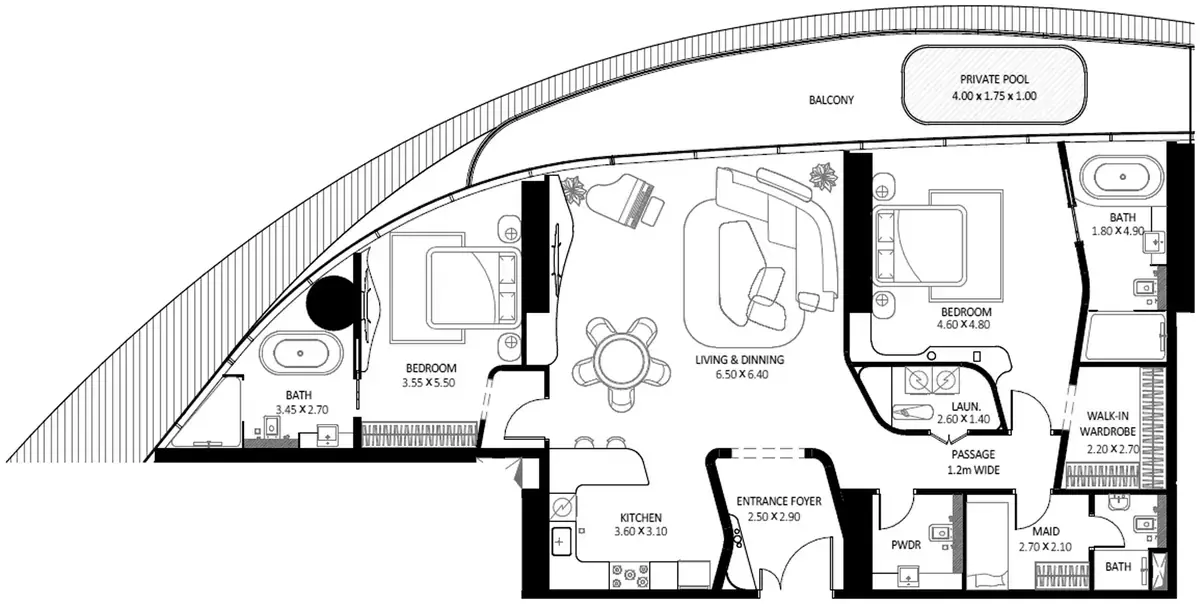 Планировка — 2-спальная, 204 м²