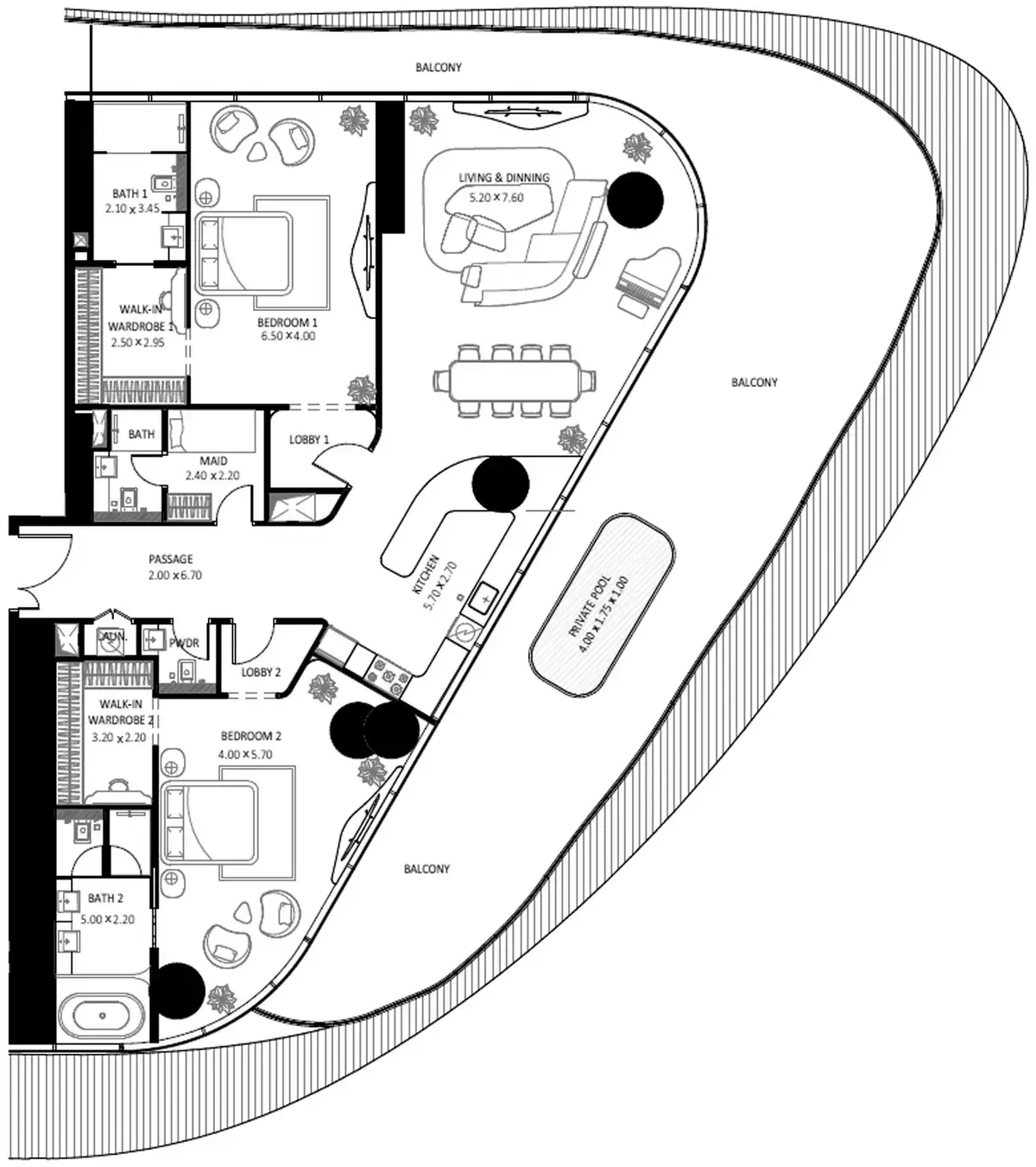 Планировка — 2-спальная, 317 м²