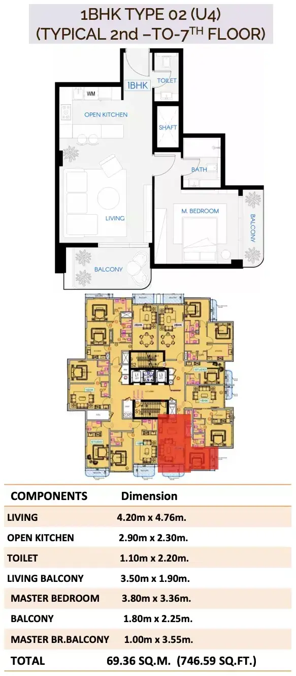 Планировка — 1-спальная, 69 м²