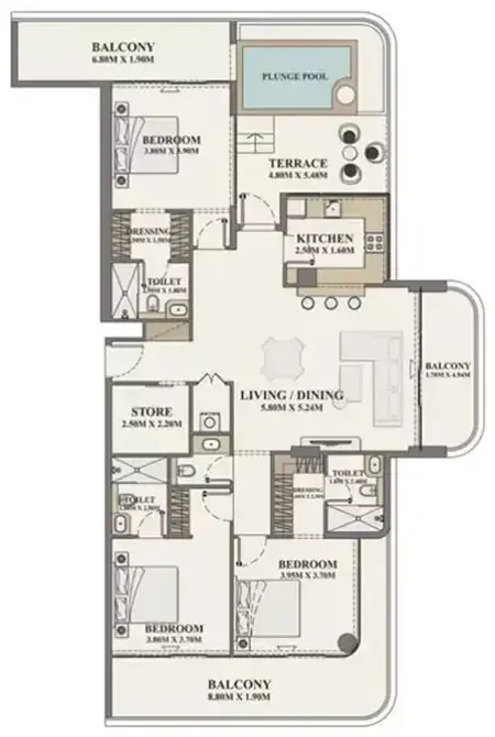 Планировка — 3-спальная, 170 м²