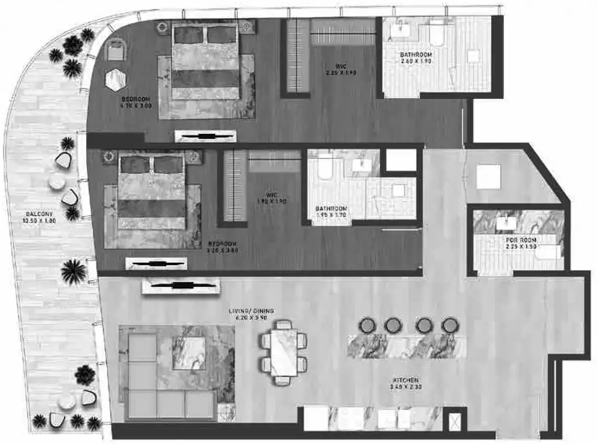 Планировка — 2-спальная, 134 м²