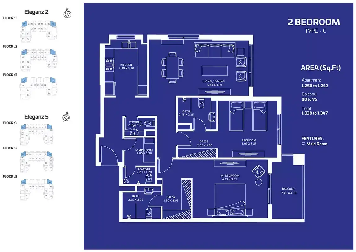 Планировка — 2-спальная, 125 м²