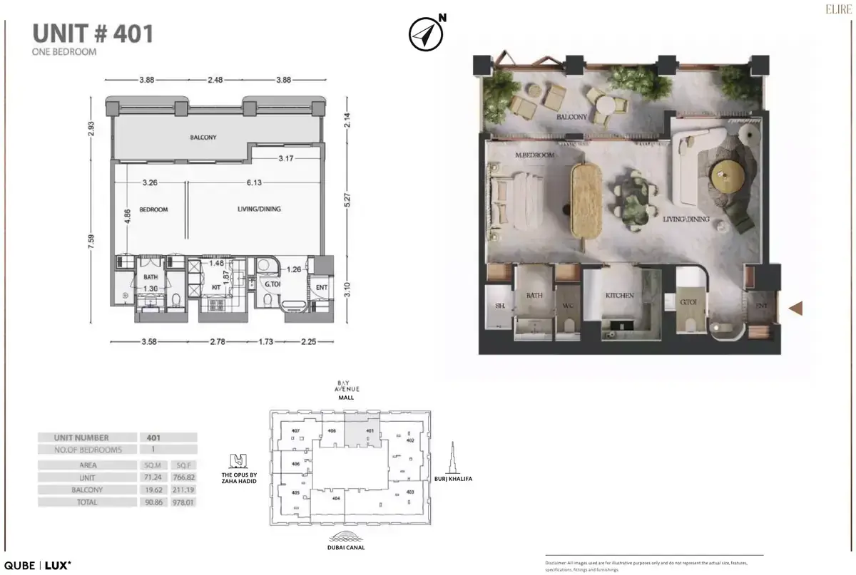 Планировка — 1-спальная, 91 м²