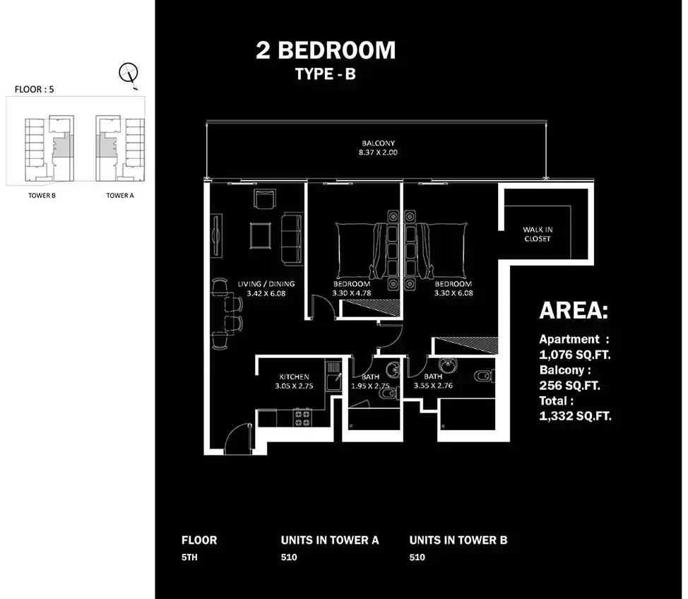 Планировка — 2-спальная, 124 м²