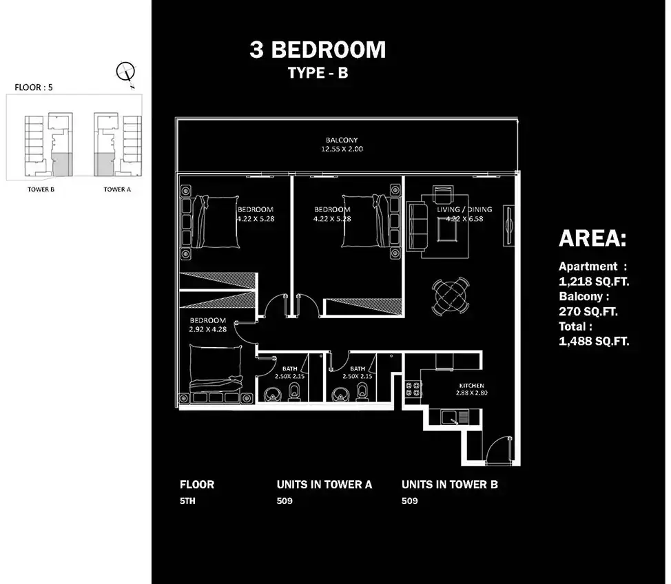 Планировка — 3-спальная, 138 м²