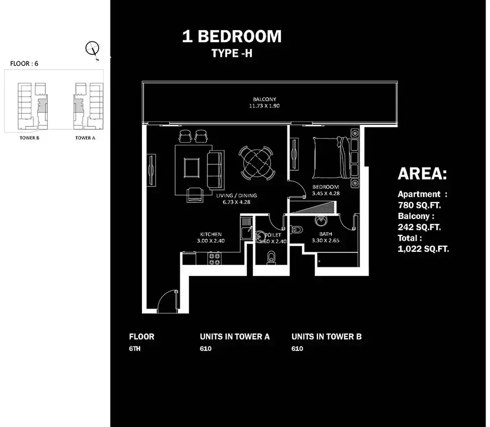 Планировка — 1-спальная, 95 м²