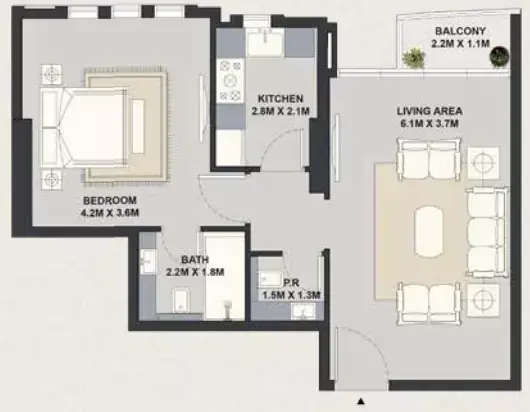 Планировка — 1-спальная, 61 м²