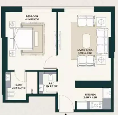 Планировка — 1-спальная, 55 м²