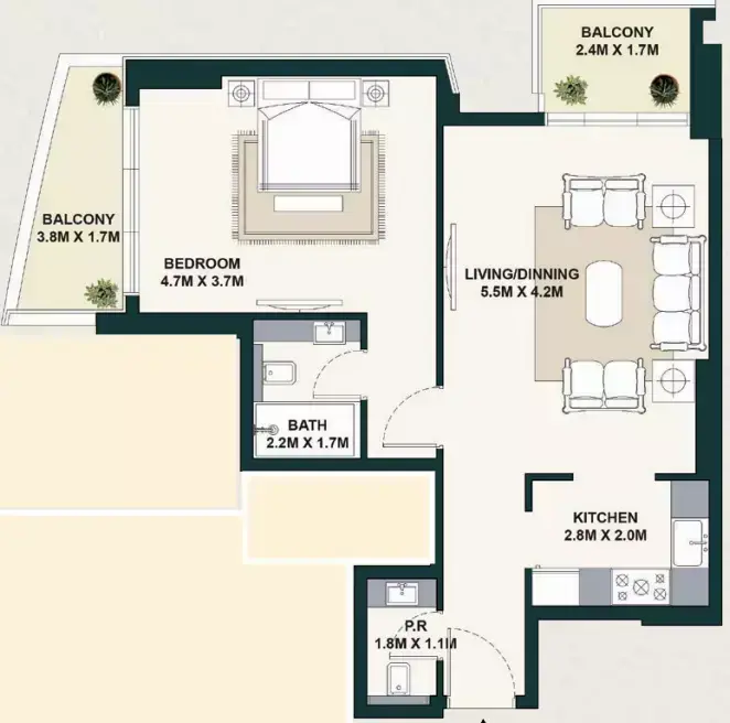 Планировка — 1-спальная, 76 м²