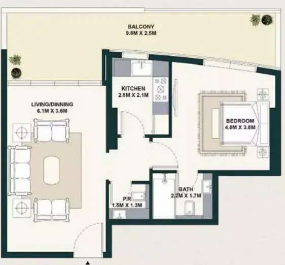 Планировка — 1-спальная, 78 м²