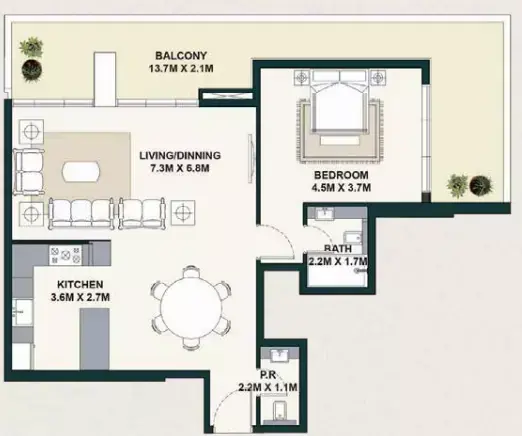 Планировка — 1-спальная, 116 м²