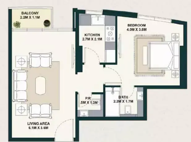 Планировка — 1-спальная, 59 м²