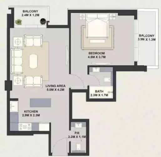 Планировка — 1-спальная, 73 м²