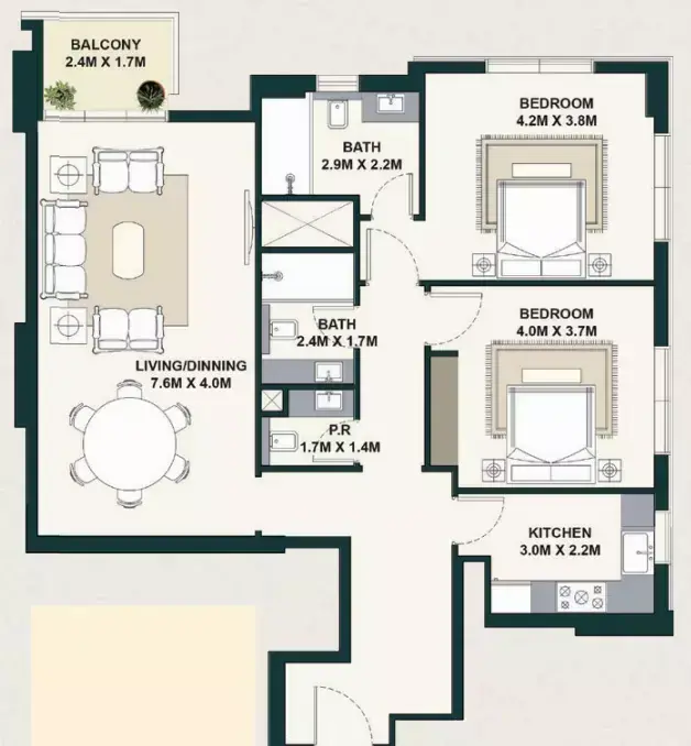 Планировка — 2-спальная, 113 м²