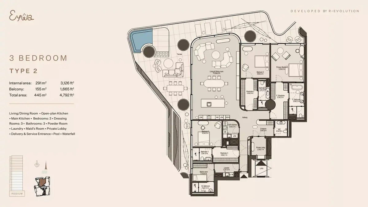 Планировка — 3-спальная, 445 м²