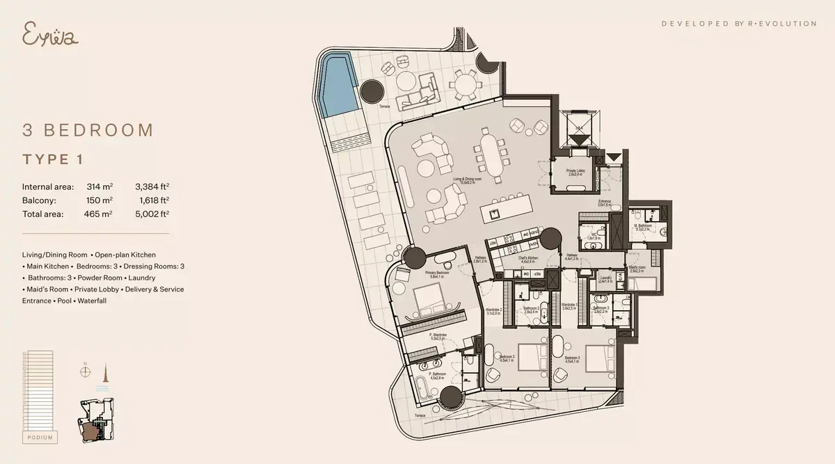 Планировка — 3-спальная, 465 м²