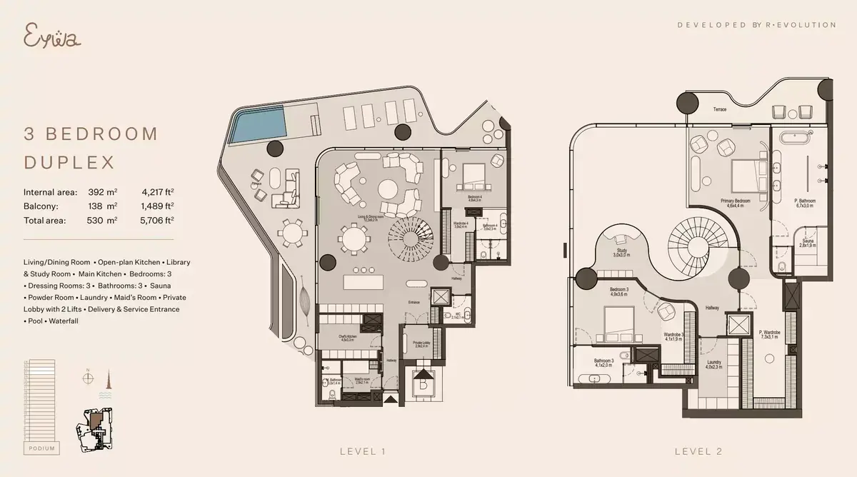 Планировка — 3-спальная, 530 м²