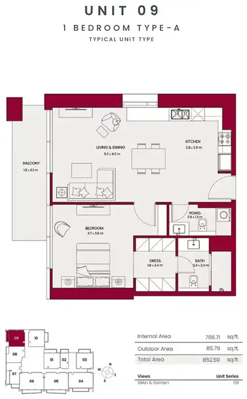 Планировка — 1-спальная, 79 м²