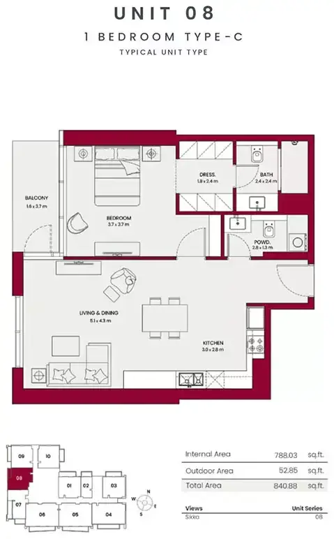 Планировка — 1-спальная, 78 м²
